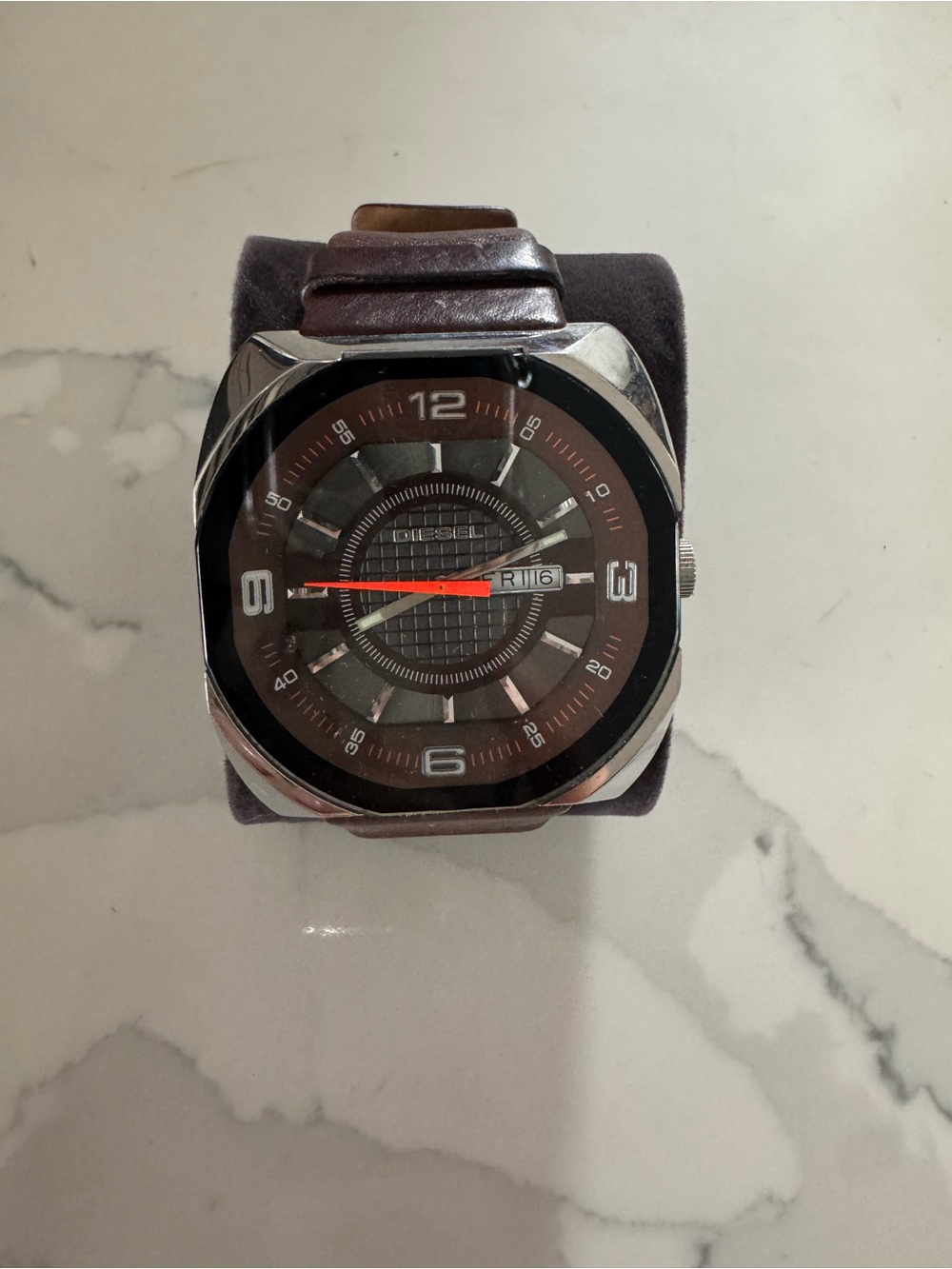 Diesel Men’s Brown Leather Strap Watch with Black Dial and Red Second Hand